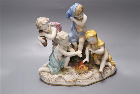 A 19th century German porcelain figure group of four semi-draped youths beside a fire, width 21cm